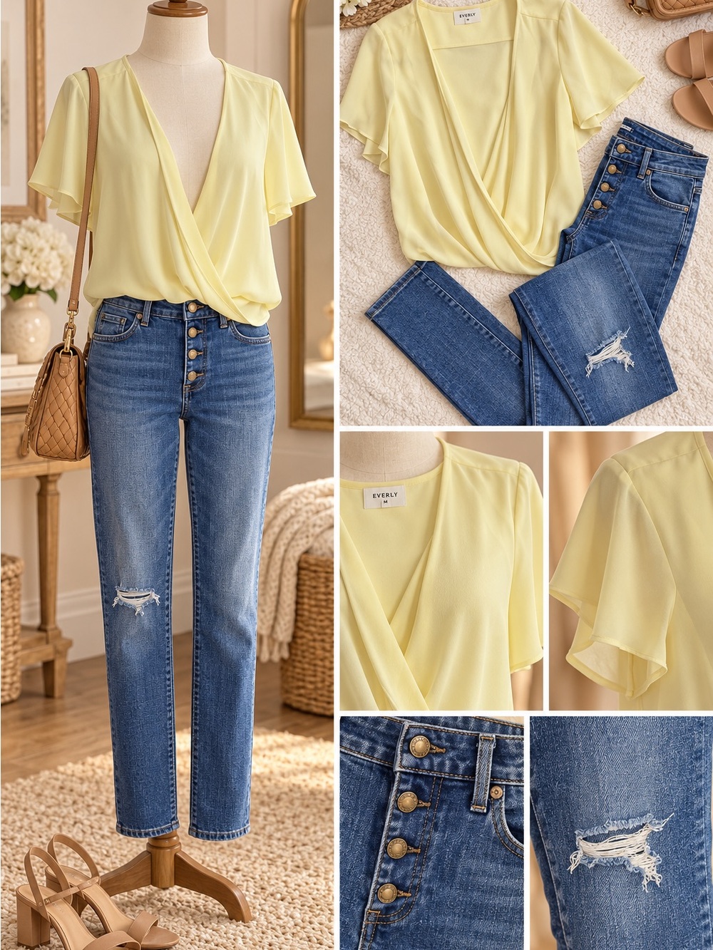Everly Lemon Yellow Wrap-Front Blouse with J Crew Blue Straight Leg Jeans